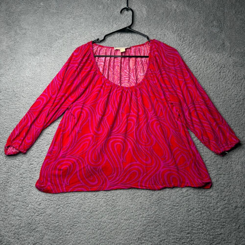 Michael Kors Blouse Women's Large Red and Pink Swirl 3/4 Sleeve